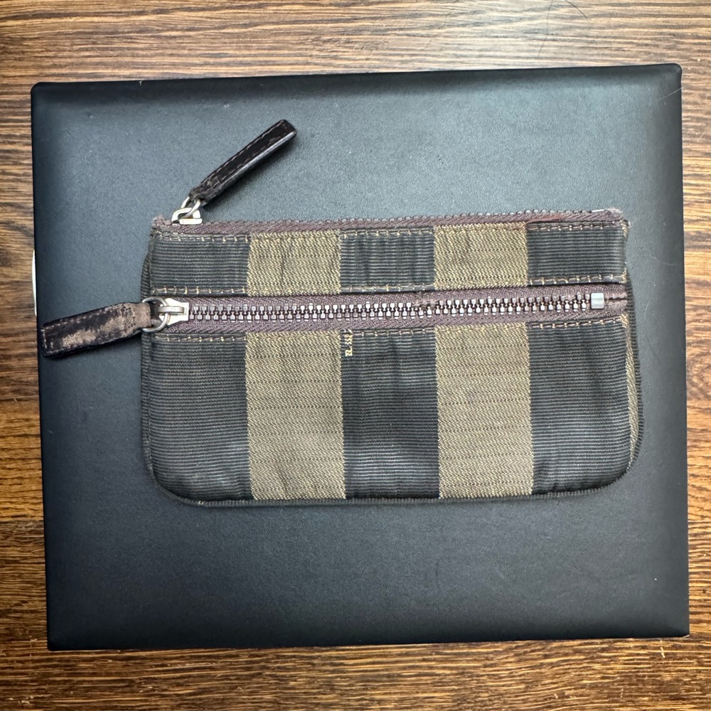 Fendi Pequin Black and Brown Striped Wallet Card Case Coin Case